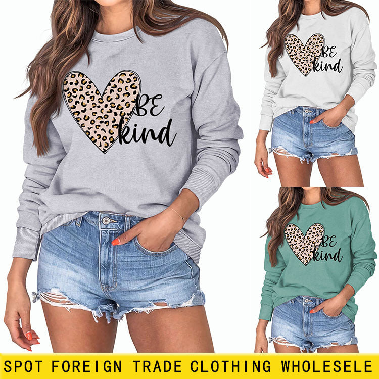 Be Kind – sweat-shirt à manches longues et col ras du cou pour femme, imprimé léopard