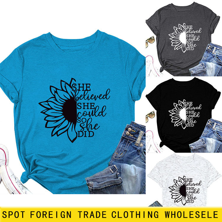 Lettering She Believed She Could Round Neck Short Sleeve T-Shirt for Women