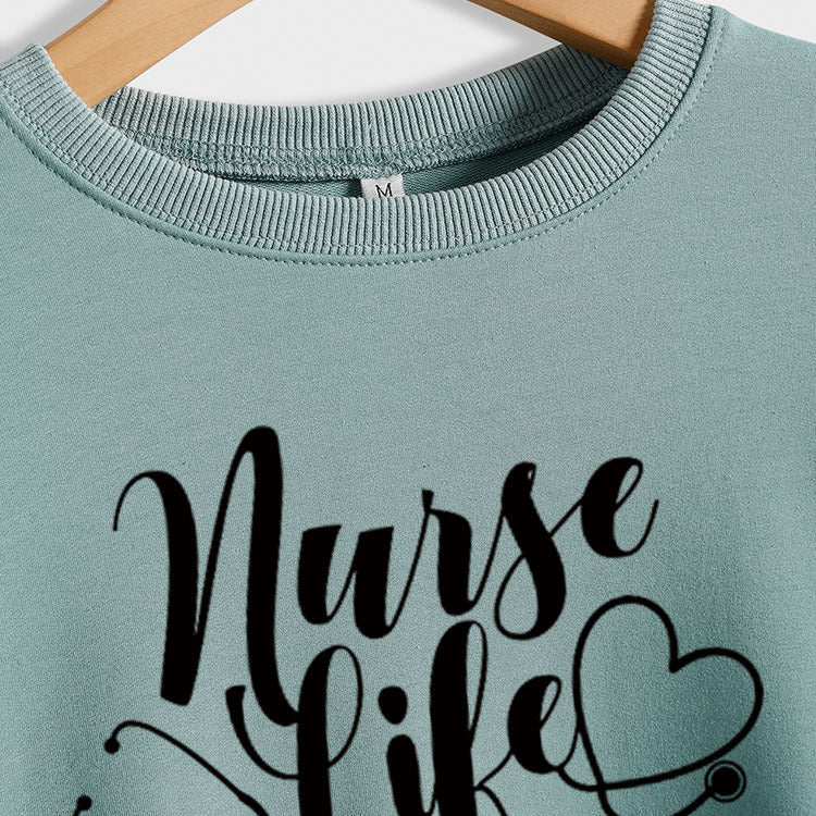 Pull pour femme à manches longues et col rond avec lettre d'amour pour infirmière Life