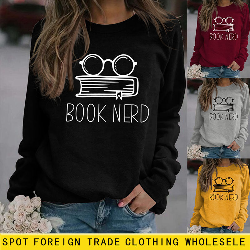 Livre Nerd Lunettes Livre Imprimé Lâche Fond Manches Longues Pull Grande Taille