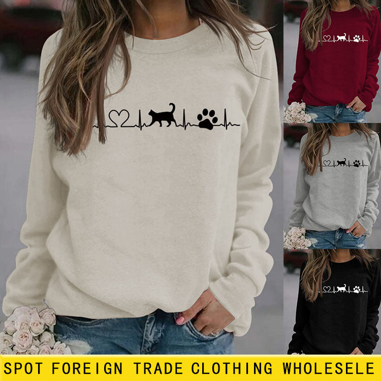 Sweat-shirt à manches longues et col rond imprimé Love Cat Dog pour femme