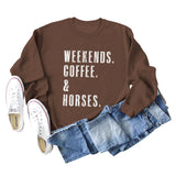 WEEKENDS COFFEE HORSES Letter Loose Long Sleeve Ladies Sweater