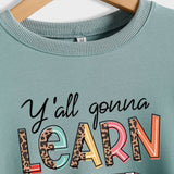 Y'all Gona Learn Today - Langarmshirt mit Leopardenmuster und Buchstaben, großer Pullover