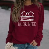 Book Nerd Glasses Book Printed Loose Bottomed Long Sleeve Large Size Sweater