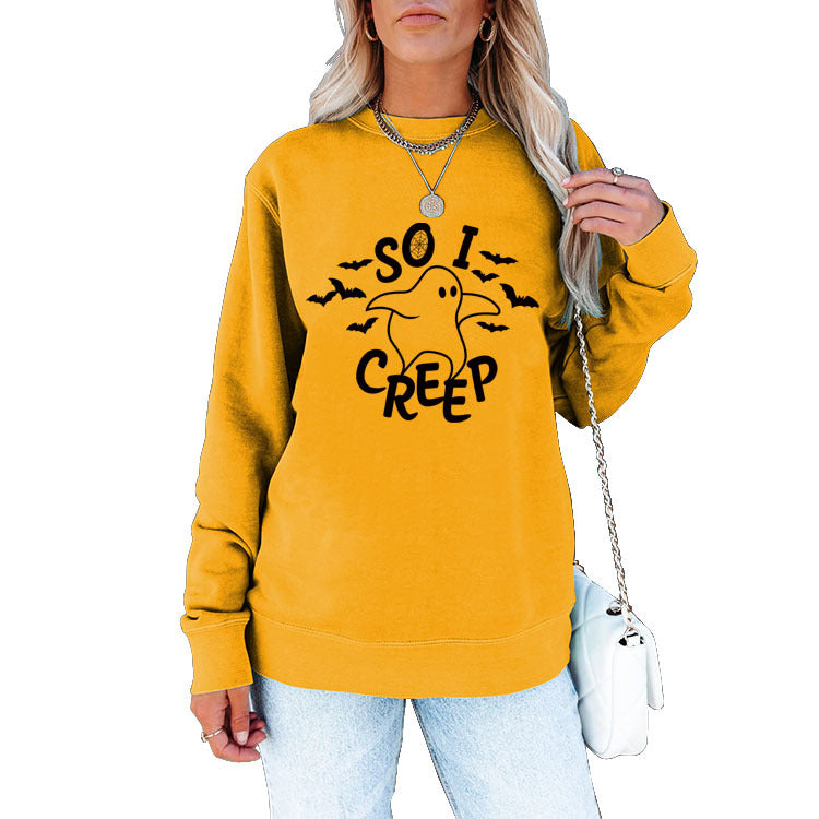 Simple Loose Top Long Sleeve SO I CREEP Printed Pullover Sweater