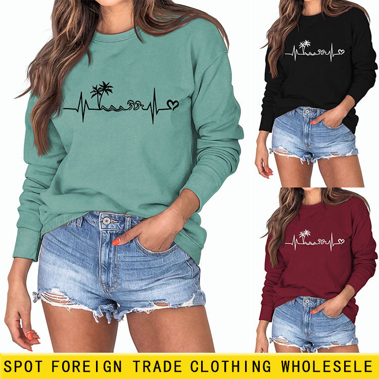 Pull à manches longues et col rond pour femme, vêtement à la mode, motif arbre de noix de coco, grande taille