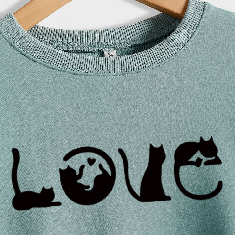 Sweat-shirt à manches longues et col rond pour femme, mignon, chat, amour