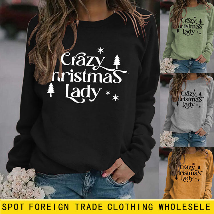 Sweat-shirt à manches longues et col rond pour femme, haut avec lettres de Noël fou