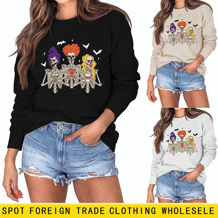 Sweat-shirt ample à manches longues et col rond pour femme, imprimé tête de mort et chauve-souris, grande taille