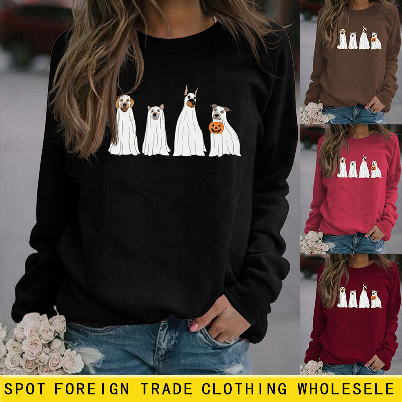Sweat-shirt à manches longues et ample pour femme, imprimé Halloween fantôme chiot, col rond, automne hiver