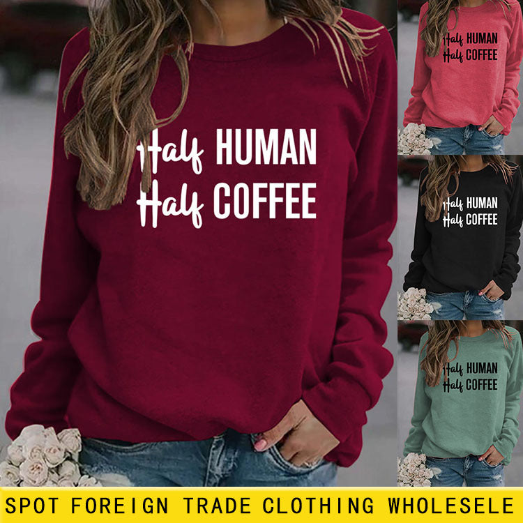 Pull ample à manches longues, demi-humain, demi-café, col rond, grande taille