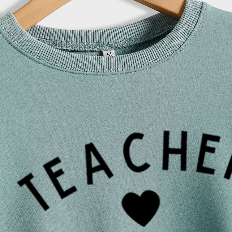 TEACHER Pull ample à manches longues et col rond pour femme avec lettres imprimées