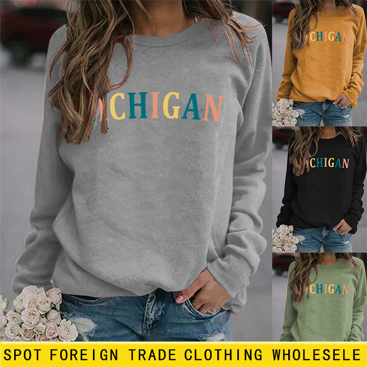 MICHIGAN lettre mode femmes pull impression col rond manches longues