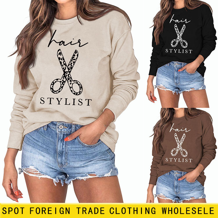 Sweat-shirt à manches longues et col rond avec lettres imprimées pour coiffeur et ciseaux