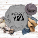 YAYA Sweat-shirt à manches longues et col rond pour femme avec lettres de fleurs et plantes