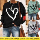 Love Heart Printed Round Neck Long Sleeve Women's Loose Sweater