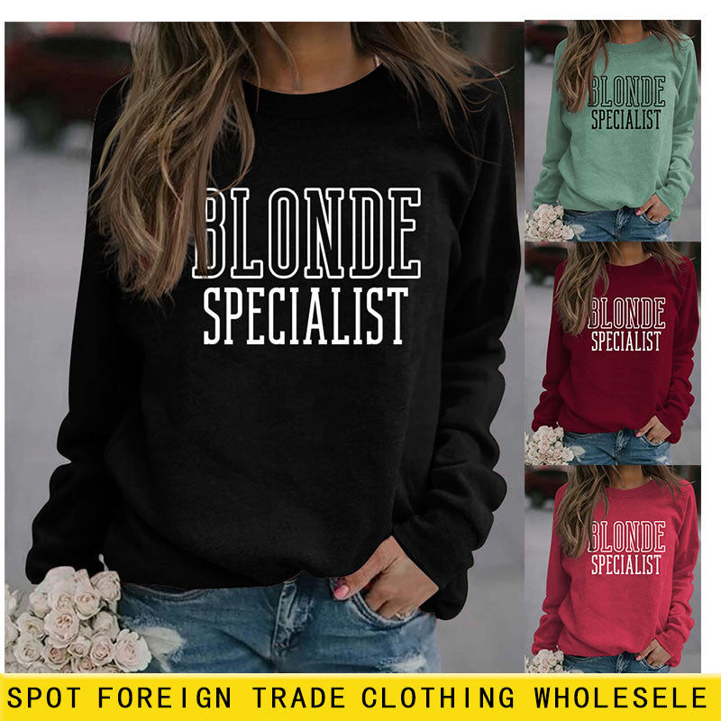 BLONDE SPÉCIALISTE LETTRES PULL OVERSIZE À MANCHES LONGUES LÂCHE À COL ROND POUR FEMME