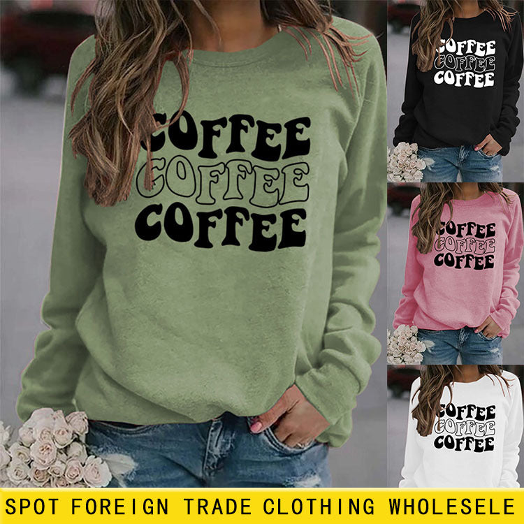 Col rond lettre café hauts femmes à manches longues imprimé sweat-shirt ample