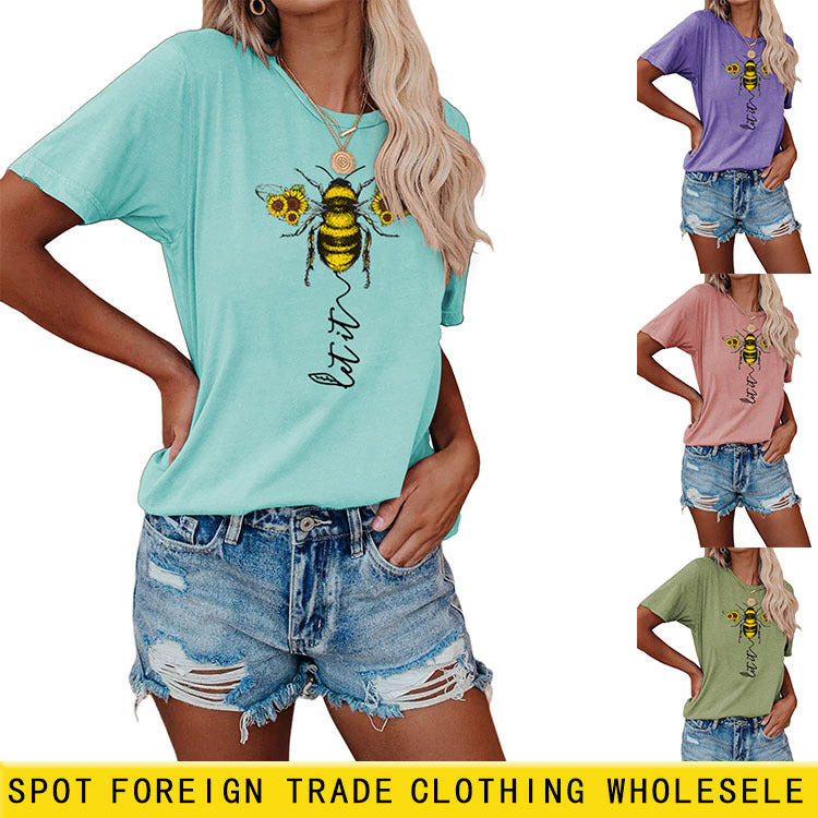 Vêtements à la mode pour femmes, motif Let It Bee, col rond, manches courtes, été