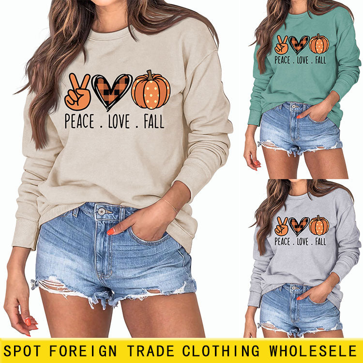PAIX. LOVE.FALL Lettres Amour Citrouille Col Rond Pull à Manches Longues Femme
