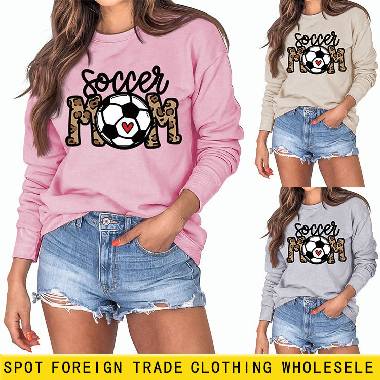 Soccer Mom Football Love Letter Léopard Col rond Automne/Hiver Pull à manches longues pour femme