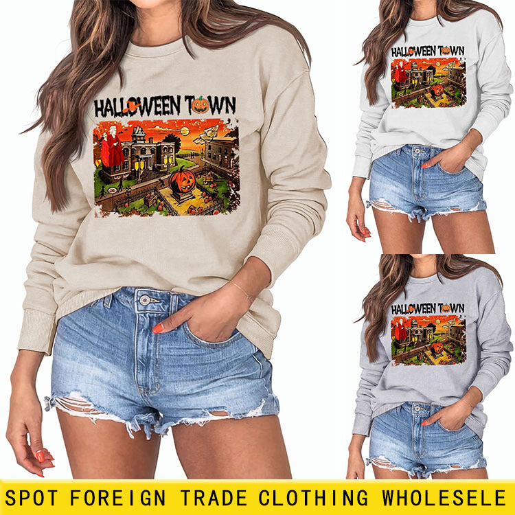 Pull ample à manches longues pour femmes, chemise ample avec lettres imprimées de ville d'halloween, nouvelle collection