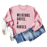 WEEKENDS COFFEE HORSES Letter Loose Long Sleeve Ladies Sweater