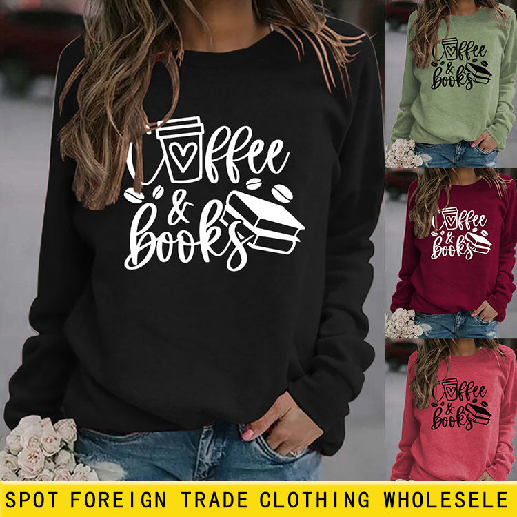 Café livres lettres mode ample grande taille à manches longues col rond pull femmes