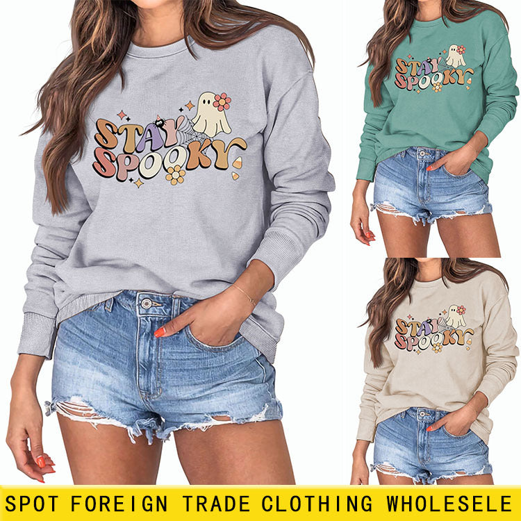 STAY SPOOKY Ghost Letter Loose Print Underlay Pull à manches longues Fille