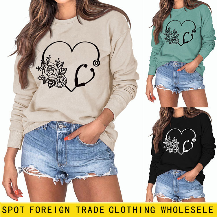 Stéthoscope drôle col rond imprimé à manches longues grand pull pour femme