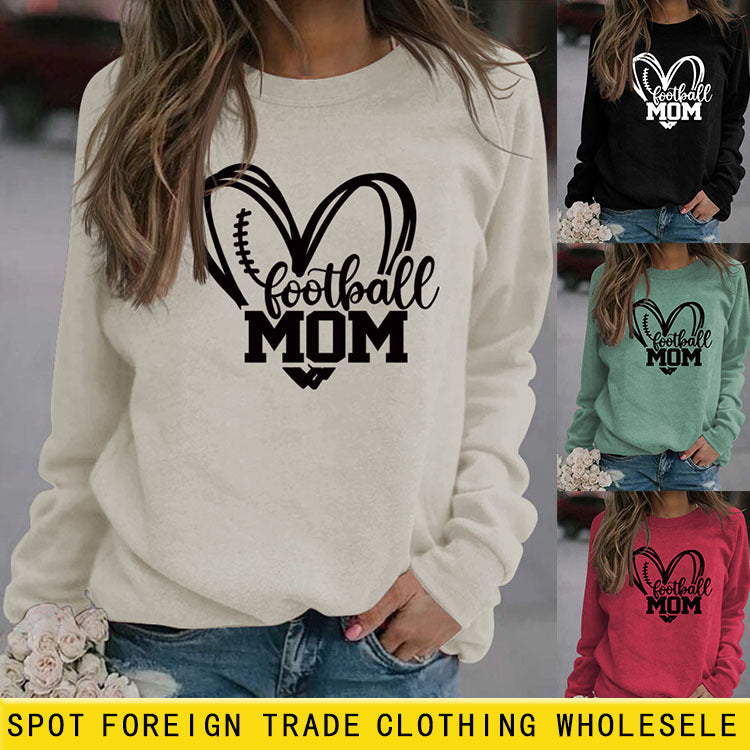 Pull à manches longues pour femme avec base d'impression de lettres d'amour de maman de football