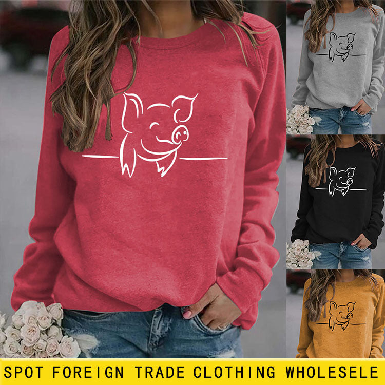 Pull à col rond décontracté pour femme, haut imprimé cochon mignon, automne et hiver