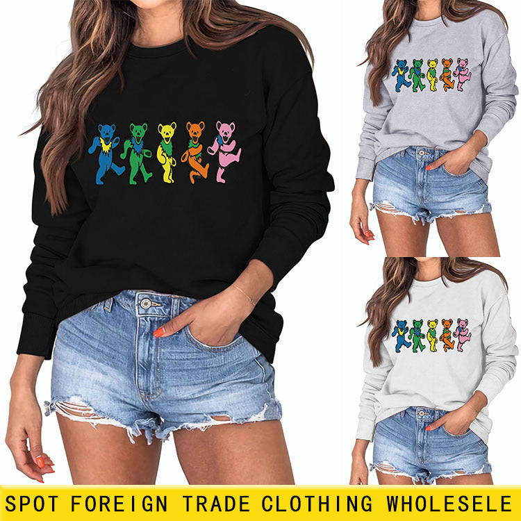 Pull à manches longues pour femme, imprimé ours mignon, col rond, ample, automne et hiver