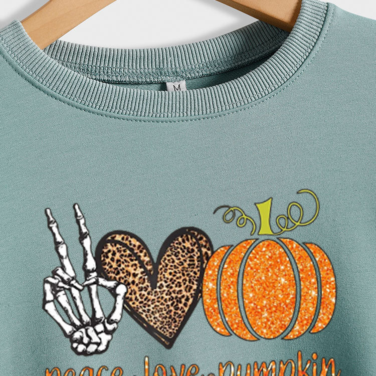 Peace Love Pumpkin Leopard Love Letter Round Neck Loose Long Sleeve Sweater Women
