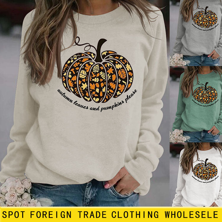 Automne feuilles lettres col rond citrouille Halloween pull à manches longues femmes