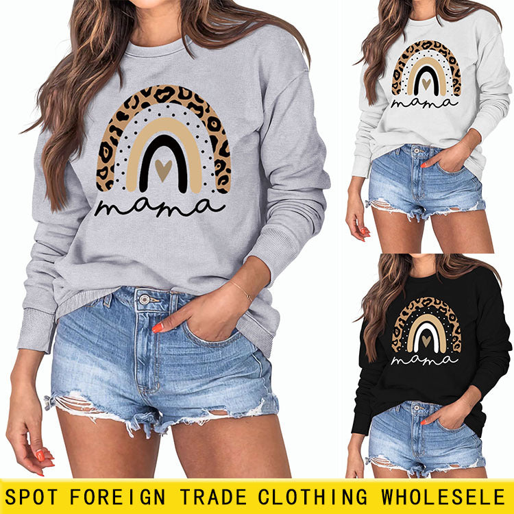 Mama Love Sweat-shirt ample à manches longues et col rond avec imprimé léopard arc-en-ciel