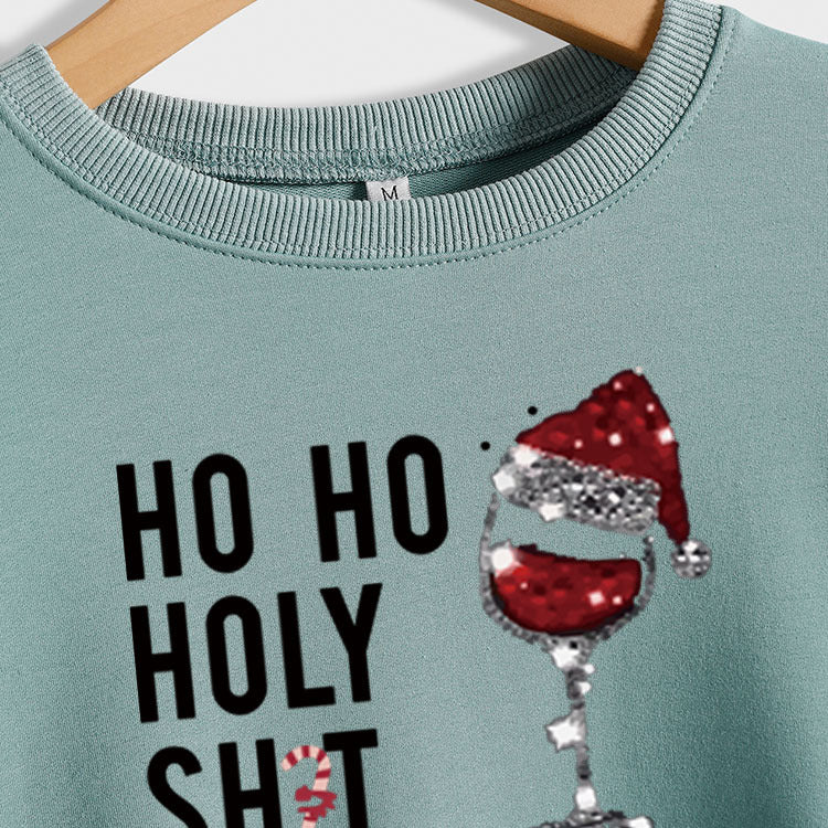 Ho Ho Holly Sht Red Wine Cup Christmas Hat Letter Fashion Autumn Winter Long Sleeve Sweatshirt