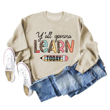 Y'all Gona Learn Today - Langarmshirt mit Leopardenmuster und Buchstaben, großer Pullover