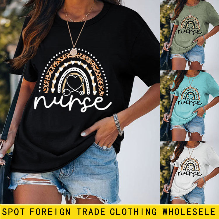 Infirmière amour léopard arc-en-ciel lettre imprimé manches courtes t-shirt femme