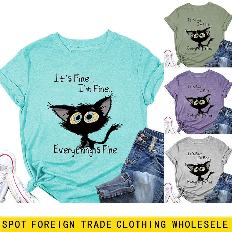 It's Fine I'm Fine T-shirt à manches courtes et col rond avec grandes lettres imprimées