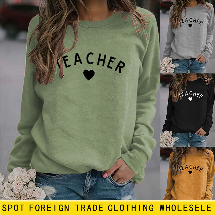 TEACHER Pull ample à manches longues et col rond pour femme avec lettres imprimées