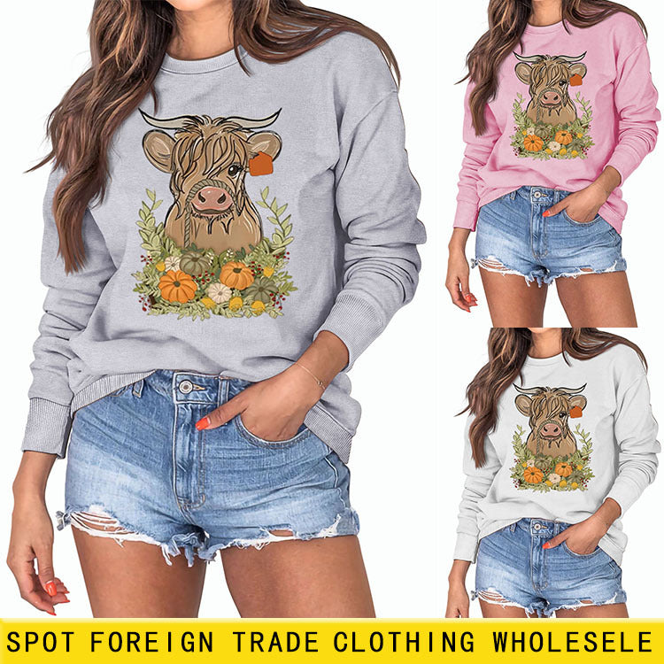 Pull ample à manches longues et col rond pour Halloween, citrouille de veau, grande taille