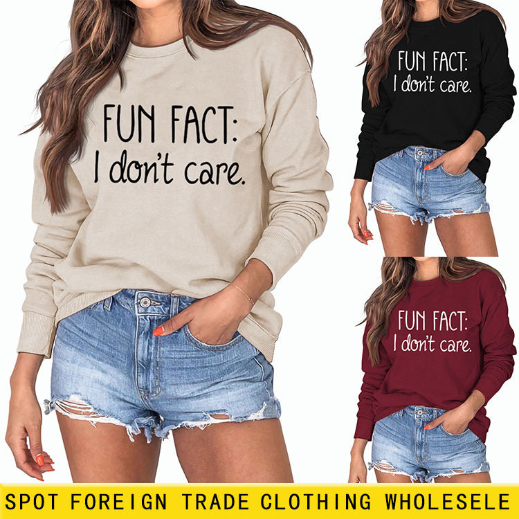 Fun Fact I Don't Care Letter Loose Round Neck Long Sleeve Sweater