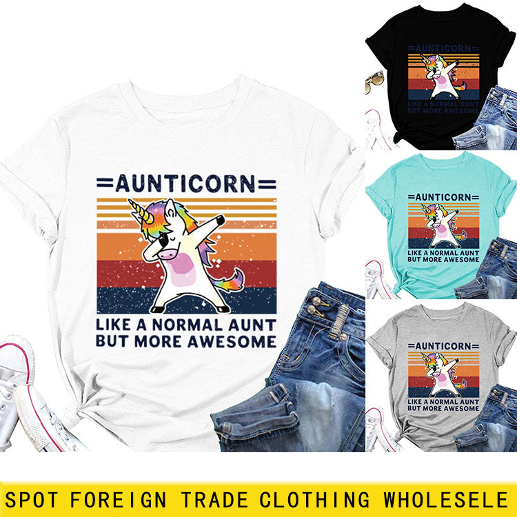 AUNTICORN Licorne Imprimé Haut À Manches Courtes Lâche Décontracté Grand T-shirt Femme Bas