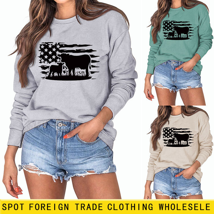 Veau imprimé col rond Base ample manches longues automne et hiver grande taille pull femmes