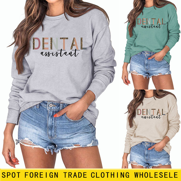 ASSISTANT DENTAIRE Léopard Lettre Lâche Décontracté Automne/Hiver Grande Taille Pull À Manches Longues Fille