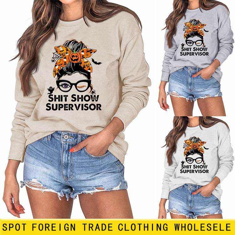 Shit Show Pull à manches longues imprimé citrouille avec lettre super nœud