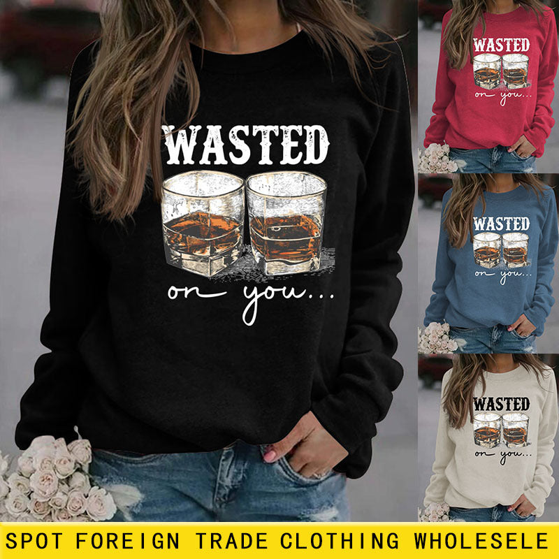 WASTED ON YOU Wine Glass Letter Printing Autumn and Winter Base Long Sleeve Plus Size Sweater