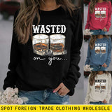 WASTED ON YOU Weinglas-Buchstabendruck Herbst- und Winter-Basis Langarm-Pullover in Übergröße