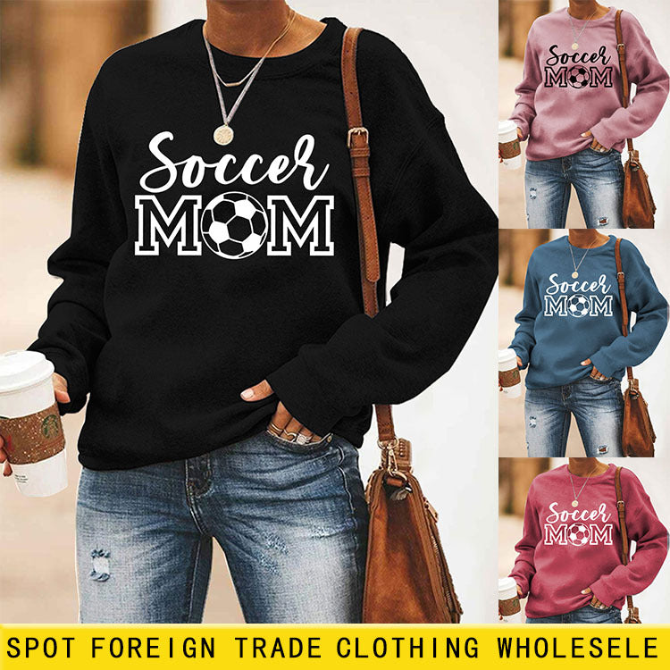 Simple Pullover Round Neck Top Long Sleeve Soccer Mom Printed Loose Sweater